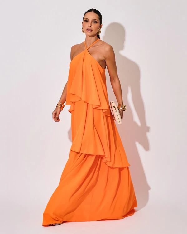 Vestido Longo Babado em Camadas Laranja