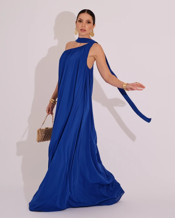 Vestido de Festa Longo Crepe Fluido um Ombro Só com Lenço Azul Royal