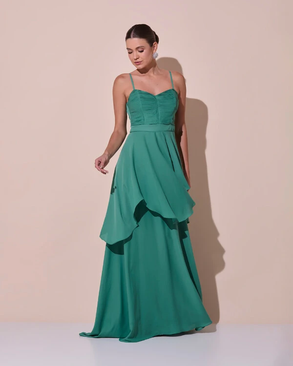 Vestido de Festa Longo Decote Coração Plissado Crepe Chiffon Babados Cascata Verde Matcha Escuro
