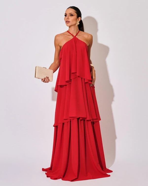 Vestido Longo Babado em Camadas Vermelho