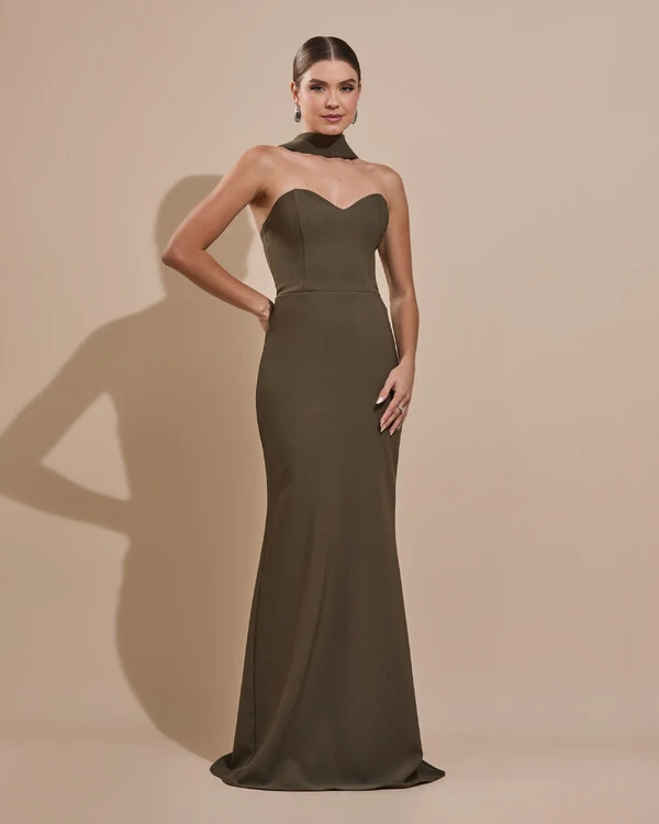 Vestido de Festa Longo Alfaiataria Tomara que Caia Saia Sereia com Lenço Verde Oliva