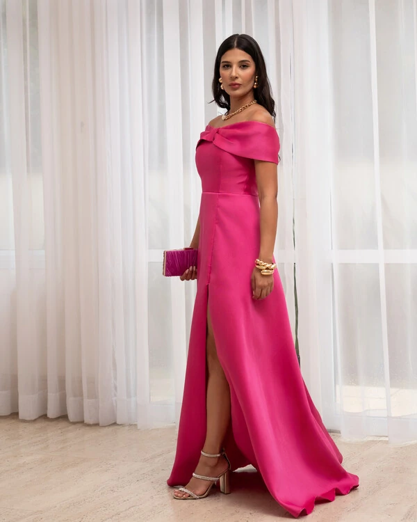 Vestido de Festa Longo Ombro a Ombro Laço Zibeline com Fenda Pink