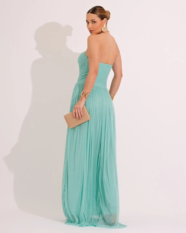 Vestido de Festa Longo Tule Brilho Tomara que Caia Recortes Tiffany