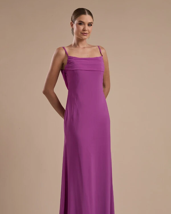 Vestido de Festa Longo Crepe Chiffon Costas Lenço Cauda Fúcsia