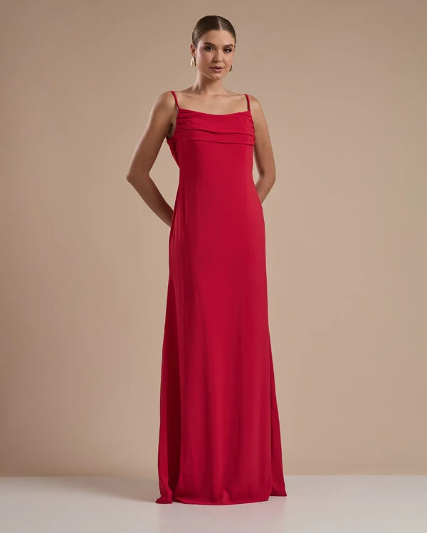Vestido de Festa Longo Crepe Chiffon Costas Lenço Cauda Vermelho