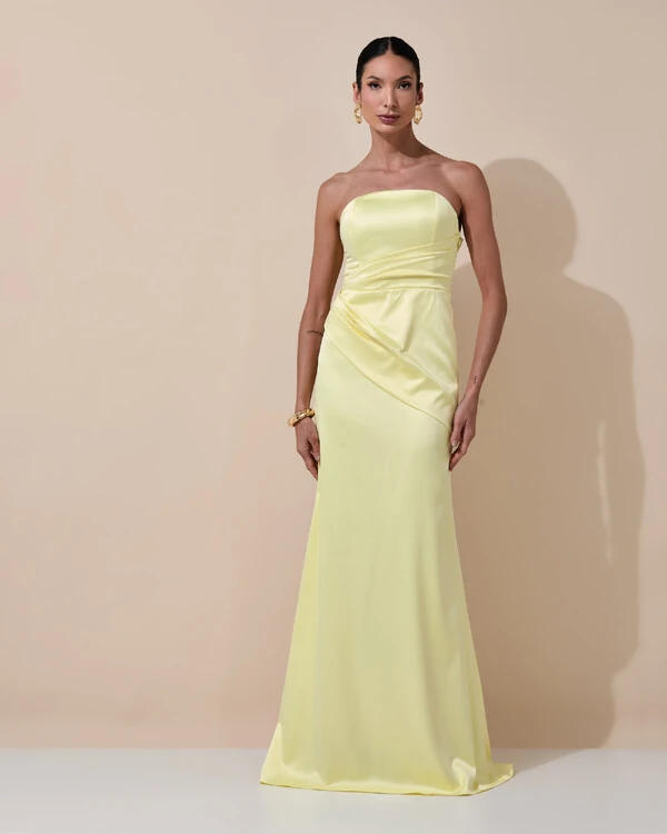 Vestido de Festa Longo Tomara que Caia Cetim Alfaiataria Drapeado Lenço Amarelo Manteiga
