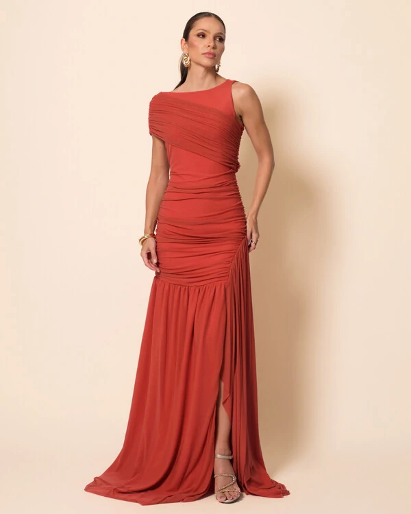 Vestido de Festa Longo Tule Faixa Detalhe Drapeado Terracota