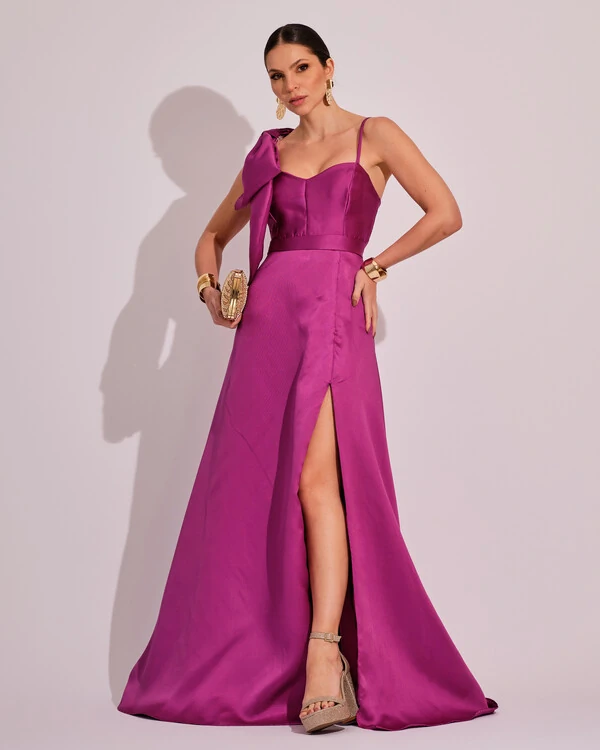 Vestido de Festa Longo em Zibeline com Laço Removível Fúcsia
