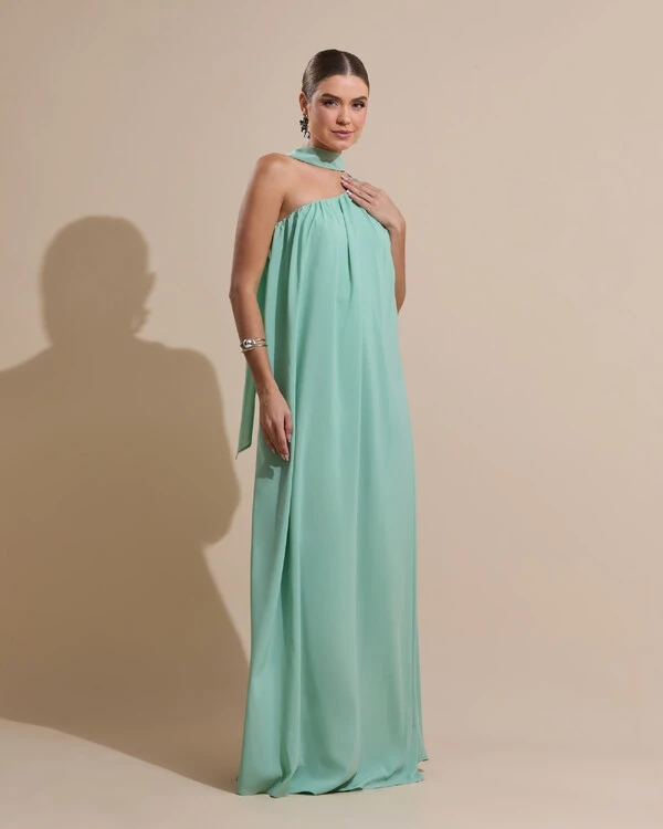 Vestido de Festa Longo Crepe Fluido um Ombro Só com Lenço Verde Menta