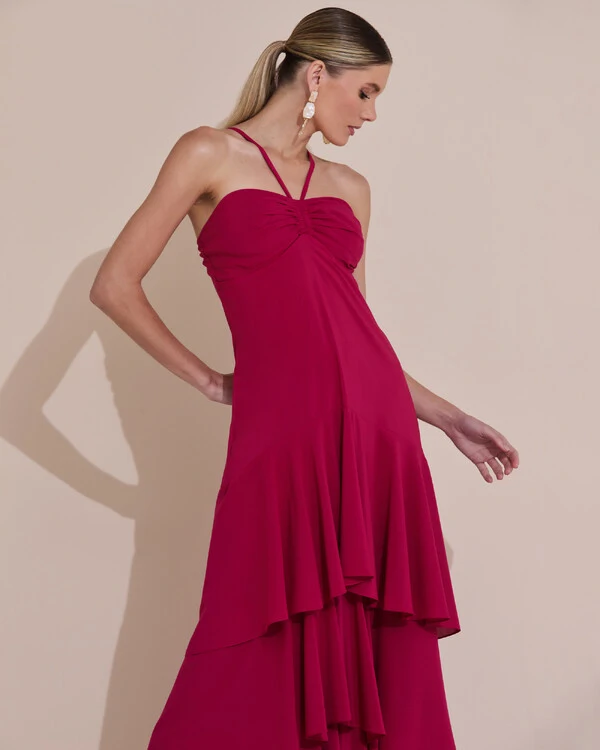 Vestido Longo Crepe com Babado em Camadas Cereja