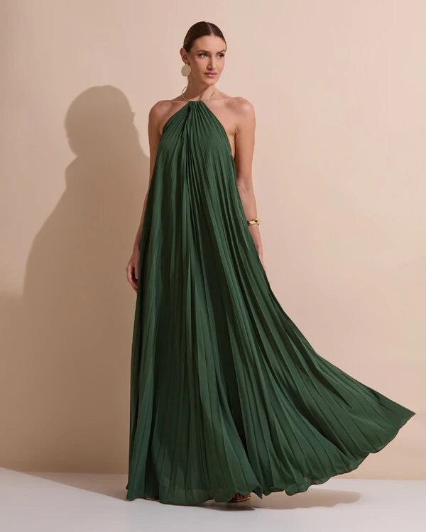 Vestido de Festa Longo Frente Única Plissado Crepe Chiffon Argola Verde Militar