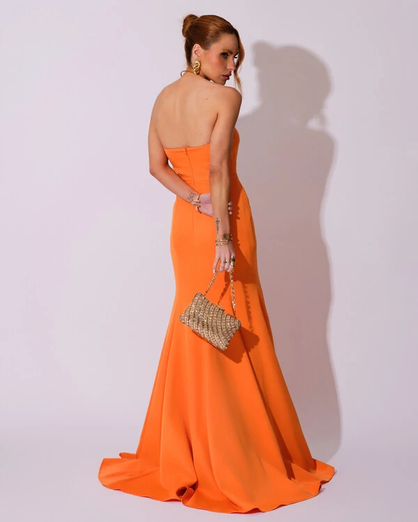 Vestido de Festa Longo Alfaiataria Tomara que Caia Saia Sereia Laranja