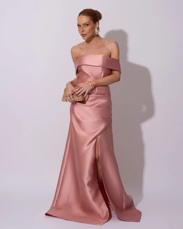 Vestido de Festa Longo Zibeline Ombro a Ombro Drapeado e Fenda Rose