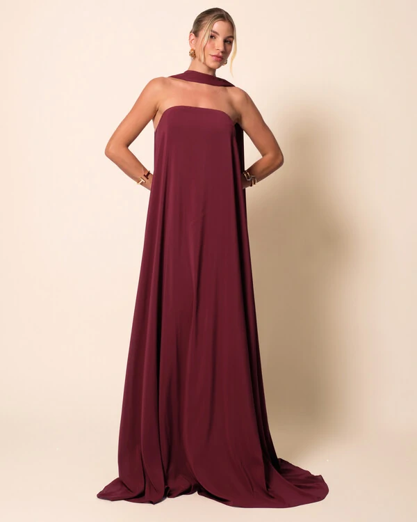 Vestido de Festa Longo Crepe Tomara que Caia com Lenço Marsala