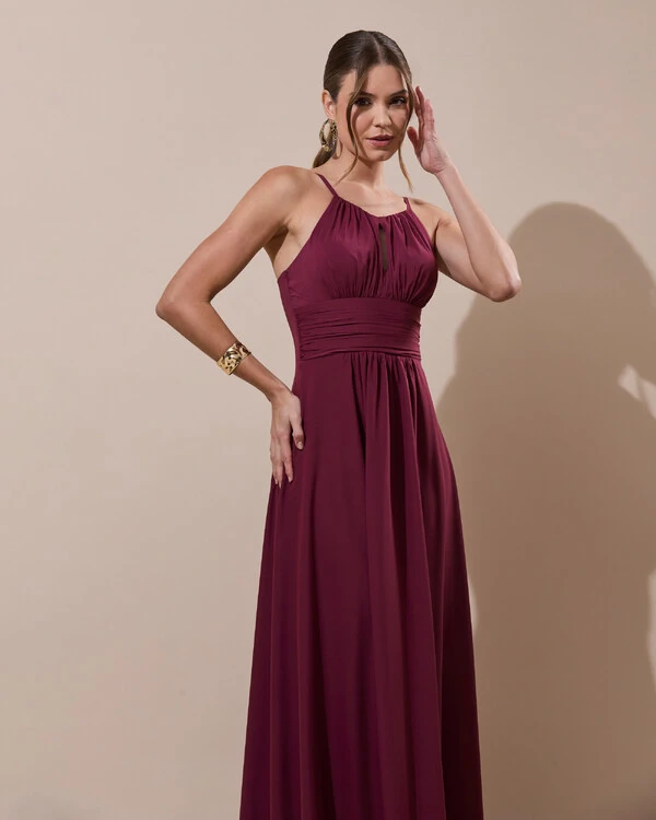 Vestido de Festa Longo Crepe Chiffon Drapeado com Alças e Saia Fluida Marsala