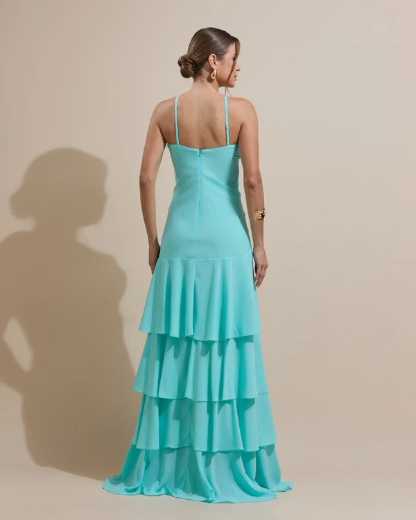 Vestido Longo Crepe com Babado em Camadas Tiffany