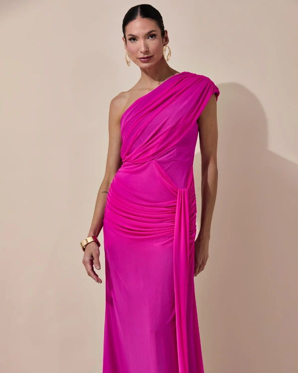 Vestido de Festa Longo Um Ombro Só Tule Drapeado Faixa Pink New