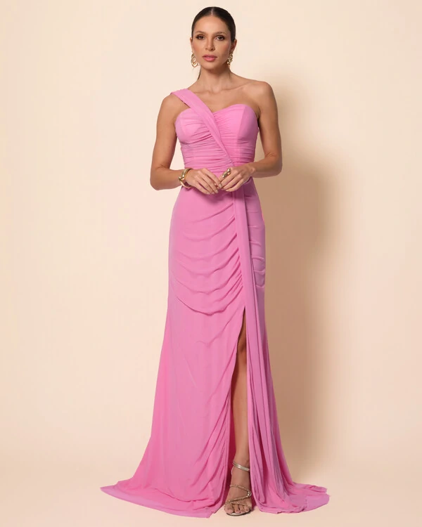 Vestido de Festa Longo Tule Tomara que Caia Faixa Detalhe Drapeado e Fenda Rosa