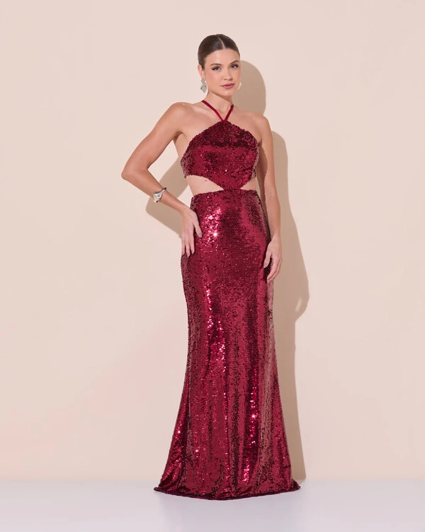 Vestido de Festa Longo Frente Única Paetê Recortes Costas Trançada Marsala
