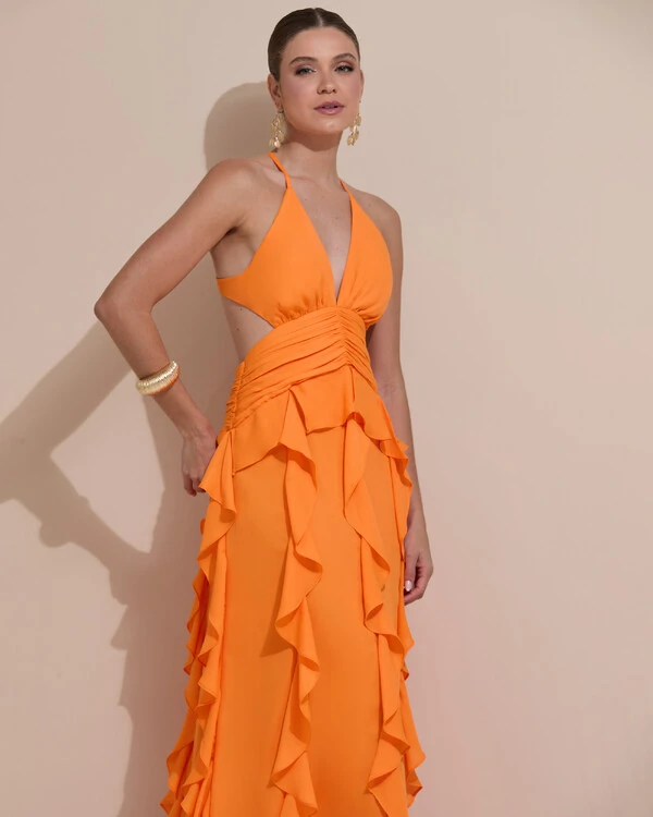 Vestido de Festa Longo Decote V Recortes Drapeado Crepe Chiffon Babados Cascata Laranja