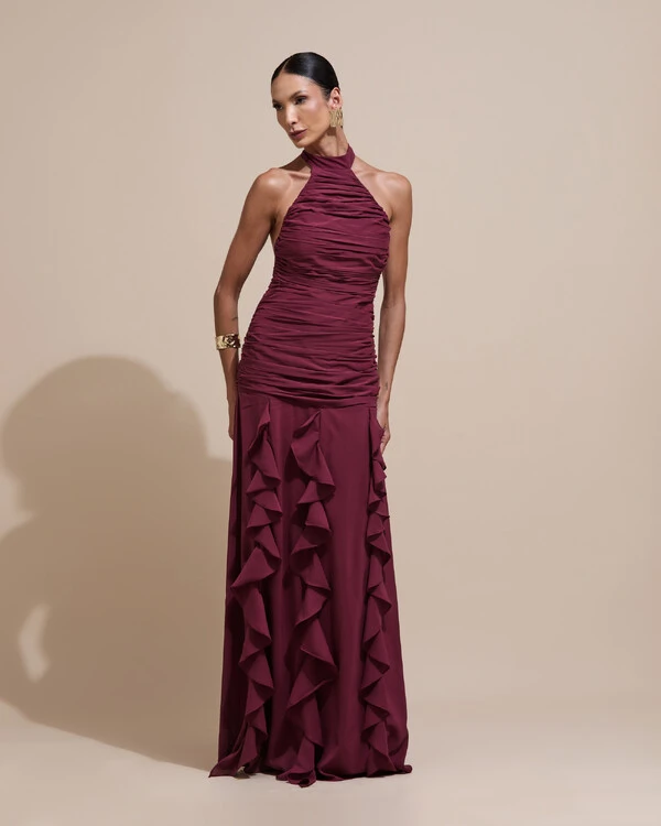 Vestido de Festa Longo Frente Única Crepe Chiffon Drapeado Babados Cascata Marsala