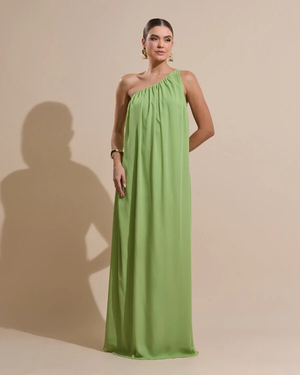 Vestido de Festa Longo Crepe Fluido um Ombro Só com Lenço Verde Garden