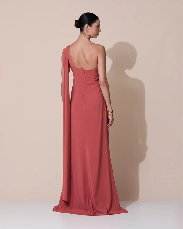 Vestido de Festa Longo Crepe Chiffon Um Ombro Só Drapeado Terracota