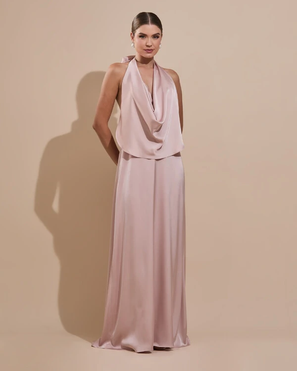 Vestido de Festa Longo Cetim Fluido Frente Única Degagê Mil Formas Rose Nude