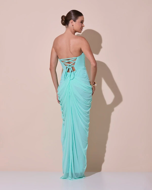 Vestido De Festa Longo Tomara que Caia Tule Drapeado Fenda Tiffany