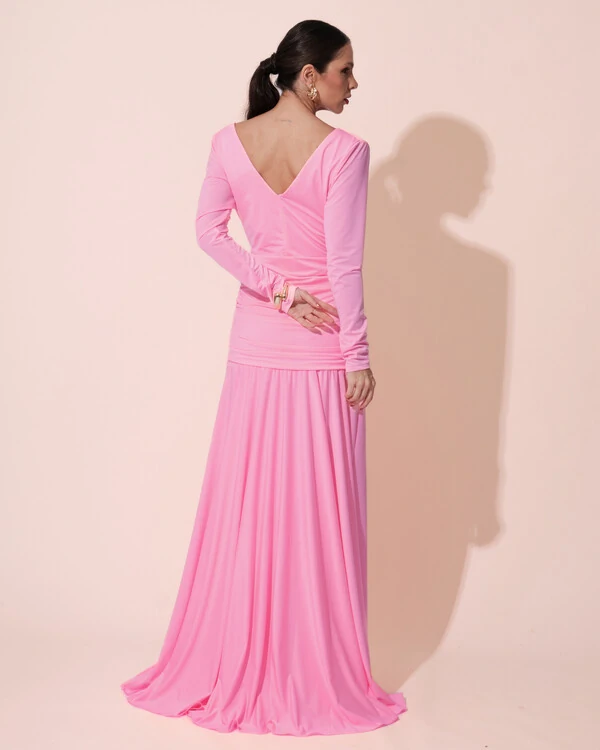 Vestido de Festa Longo Malha Degagê Drapeado Manga Longa Rosa New