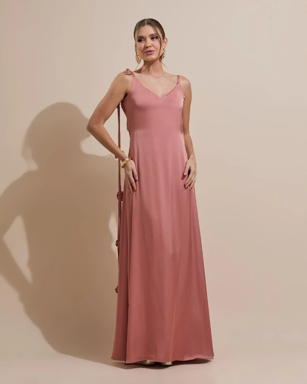 Vestido de Festa Longo Decote Degagê Costas Cetim Flores 3D Alças Rosa Blush
