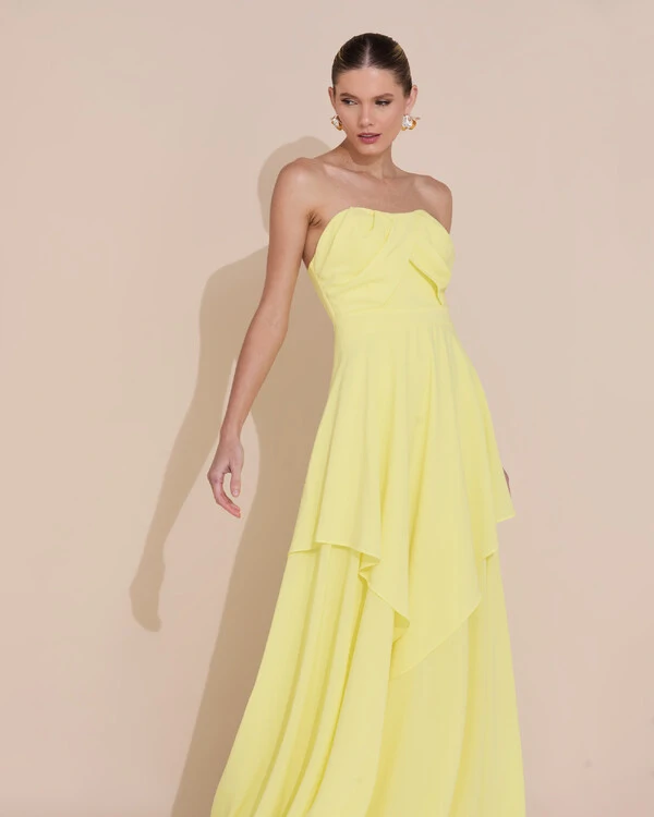 Vestido de Festa Longo Tomara que Caia Crepe Chiffon Drapeado Camadas Amarelo Manteiga