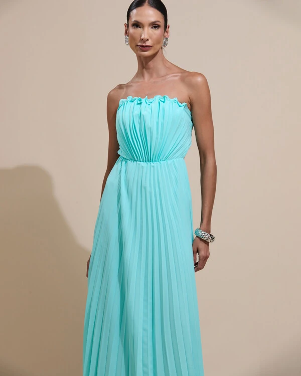 Vestido de Festa Longo Tomara que Caia Plissado Detalhe Tiffany