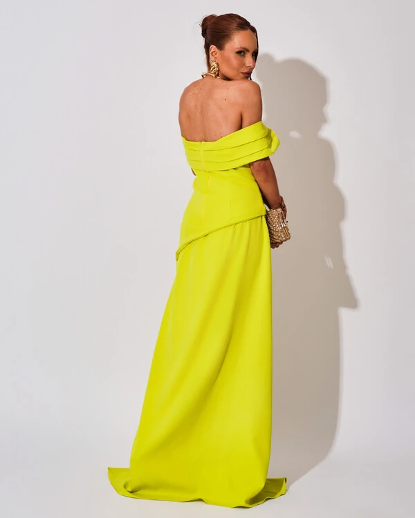 Vestido de Festa Longo Alfaiataria Ombro a Ombro Drapeado com Fenda Verde Lima