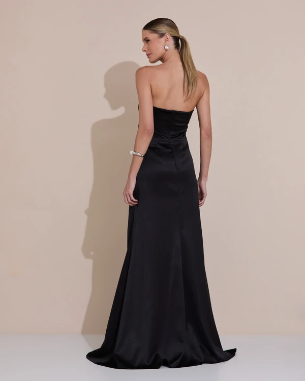 Vestido de Festa Longo Cetim Alfaiataria Tomara que Caia Fenda Preto