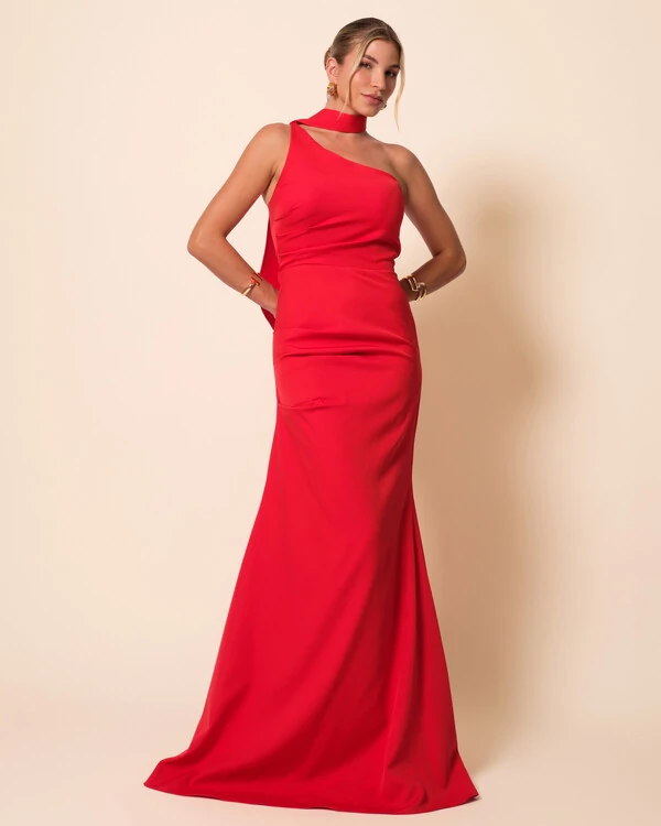 Vestido de Festa Longo Alafataria Um Ombro Só Detalhe Drapeado Vermelho