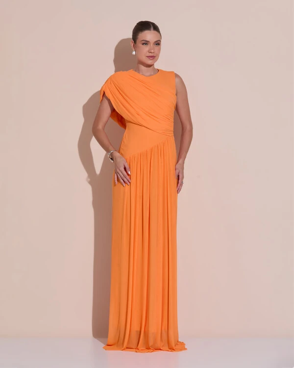 Vestido de Festa Longo Capa Drapeado Tule Saia Fluida Laranja New