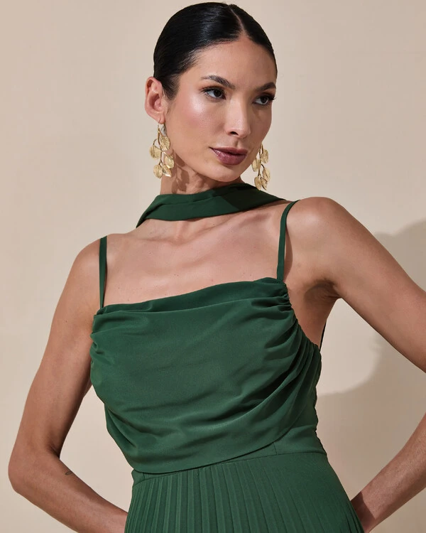 Vestido de Festa Longo Crepe Chiffon Plissado Trançado e Lenço Verde Escuro New