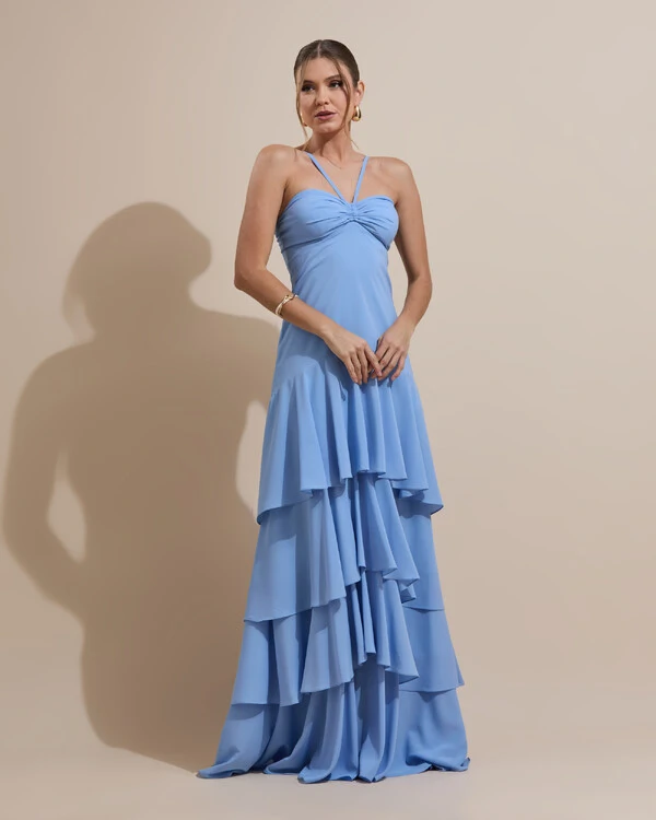 Vestido Longo Crepe com Babado em Camadas Serenity