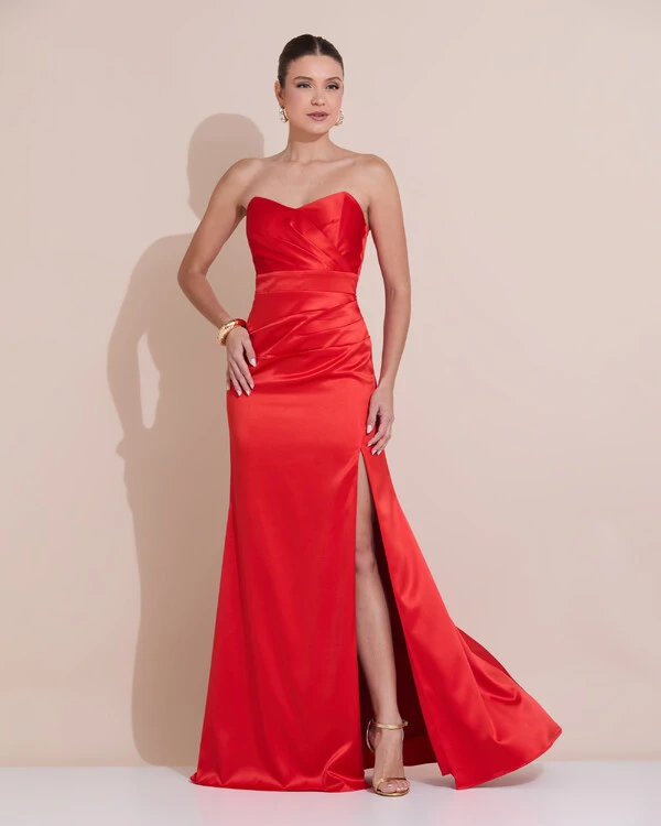 Vestido de Festa Longo Cetim Alfaiataria Tomara que Caia Fenda Vermelho