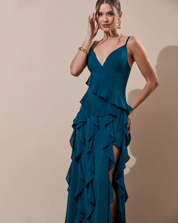 Vestido de Festa Longo Decote V Crepe Chiffon Babados Cascata e Fenda Verde Escuro