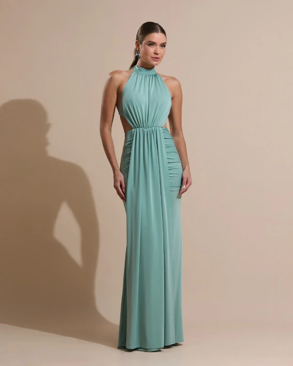 Vestido de Festa Longo Malha Jersey Gola Alta Saia Sereia Verde Menta