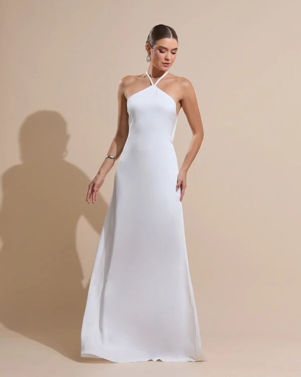 Vestido Longo de Cetim com Decote Triangular e Amarração nas Costas Degagê Branco
