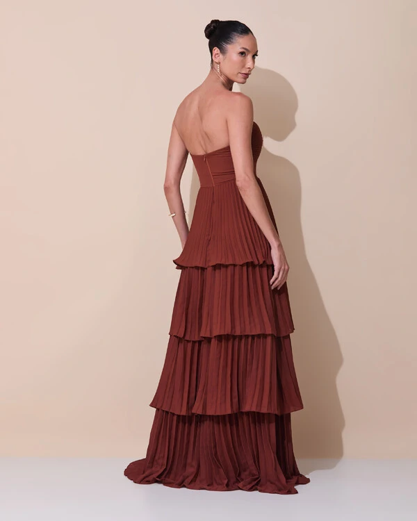Vestido de Festa Longo Tomara que Caia Crepe Chiffon Plissado Camadas Marrom New