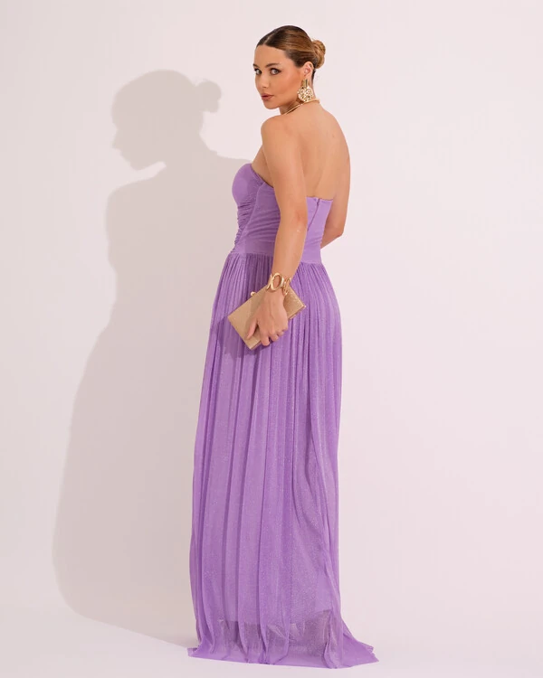 Vestido de Festa Longo Tule Brilho Tomara que Caia Recortes Lilás