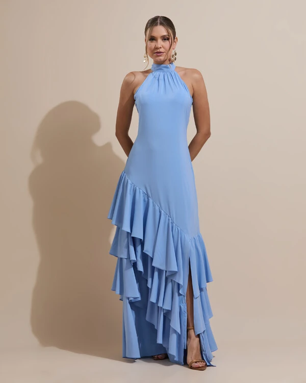 Vestido de Festa Longo Chiffon Crepe Gola Alta Babados Serenity