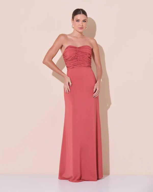 Vestido de Festa Longo Ombro a Ombro Plissado Crepe Chiffon Capa Flor 3D Terracota
