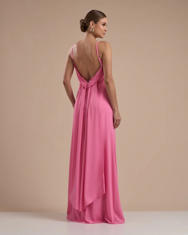 Vestido de Festa Longo Crepe Chiffon Costas Lenço Cauda Rosa