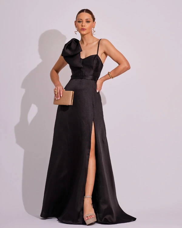 Vestido de Festa Longo em Zibeline com Laço Removível Preto