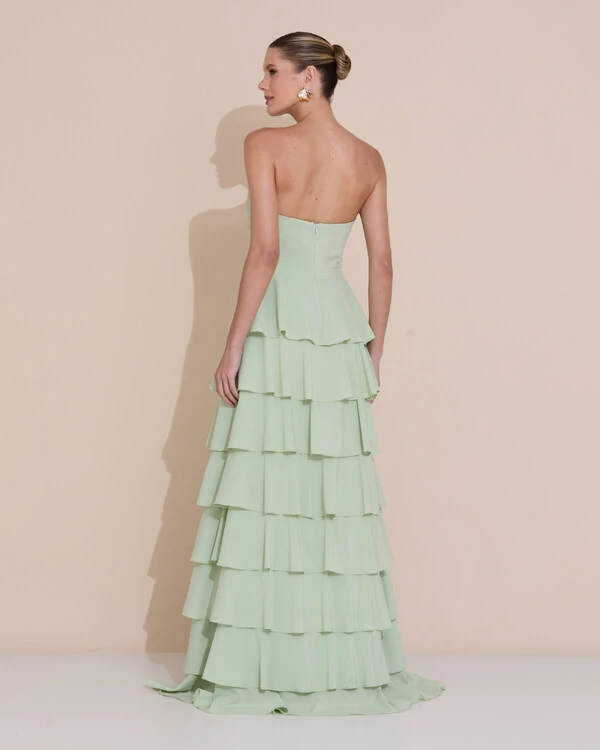Vestido de Festa Longo Crepe Chiffon Tomara que Caia Plissado Flor Camadas Verde Menta New